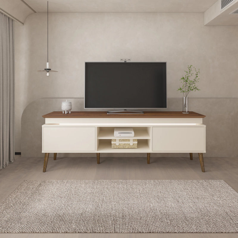 Rack para TV de 1,80 Lumina com fita de LED e pés em madeira Artely Pinho/Off white